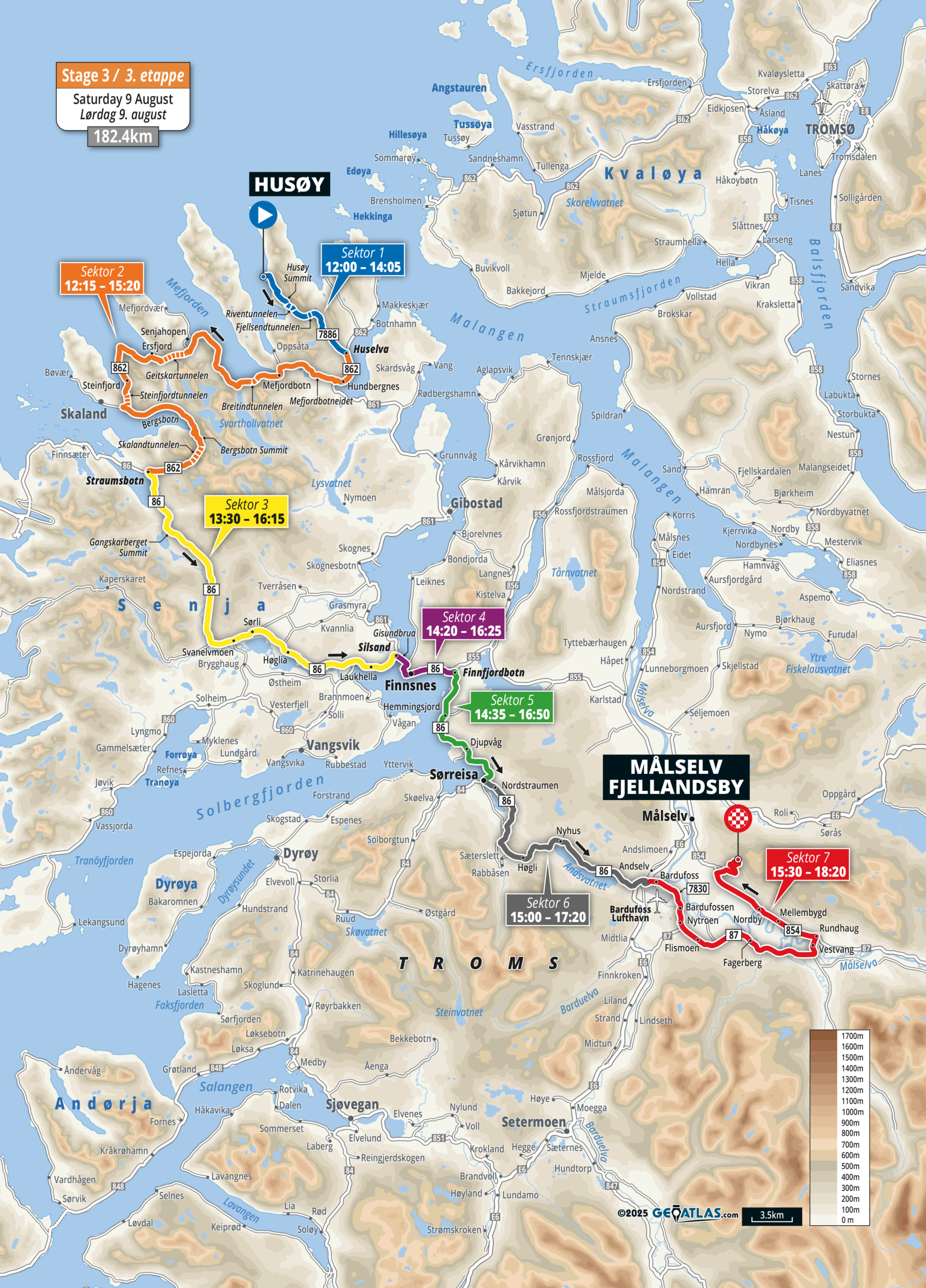 Kart over 3. etappe i Arctic Race of Norway som går fra Husøya til Målselv